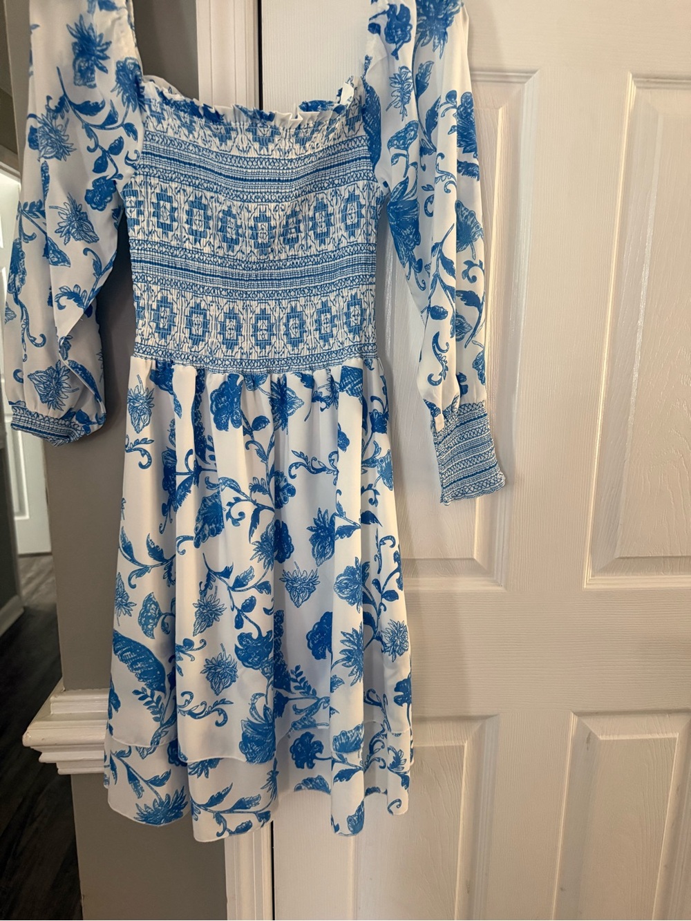 Sunday White and Blue Floral Smocked Dress